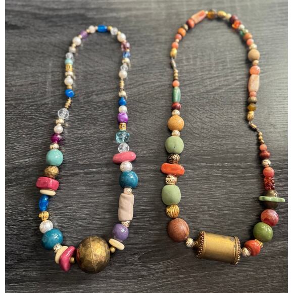 Vintage Set Of 2 Unique Metal Wood‎ Stone Chunky Beaded Statement Necklaces - Picture 1 of 10